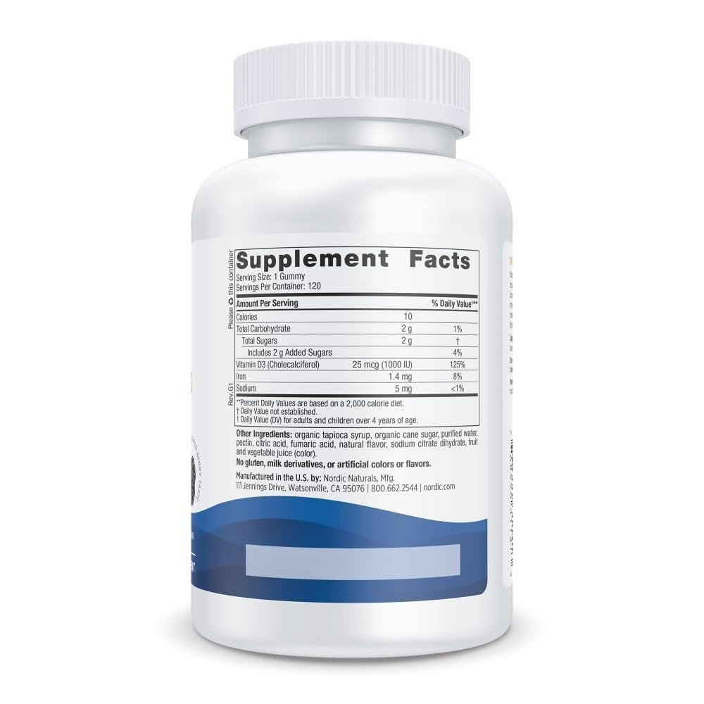 Nordic Naturals Vitamin D3 Gummis, Wilde Beere - 120 Gummis - 1000 IE Vitamin D3, 1,4 mg Eisen - Großartiger Geschmack - Gesunde Knochen, Stimmung & Immunsystem - Non-GMO - 120 Portionen