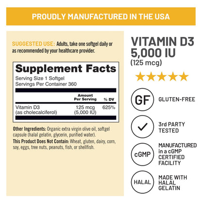 NatureWise Vitamin D3 5000 IE (125 µg) – 360 Mini-Weichkapseln, Jahresvorrat für Immunsystem, Muskelfunktion und Knochengesundheit – Non-GMO, glutenfrei in organischem, nativem Olivenöl extra