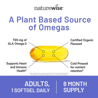 NatureWise Leinöl 1.242 mg, Omega 3 6 9 ohne Fisch, mit 720 mg ALA, Nahrungsergänzungsmittel zur Unterstützung der Herzgesundheit – Bio, kaltgepresst, nicht gentechnisch verändert – 240 Weichkapseln (8-Monatsvorrat)