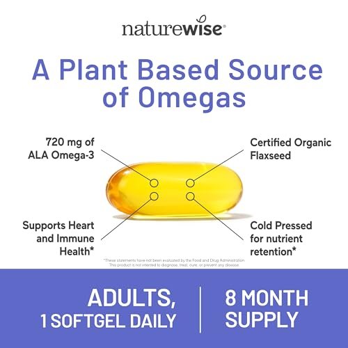 NatureWise Leinöl 1.242 mg, Omega 3 6 9 ohne Fisch, mit 720 mg ALA, Nahrungsergänzungsmittel zur Unterstützung der Herzgesundheit – Bio, kaltgepresst, nicht gentechnisch verändert – 240 Weichkapseln (8-Monatsvorrat)