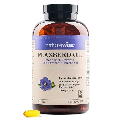 NatureWise Leinöl 1.242 mg, Omega 3 6 9 ohne Fisch, mit 720 mg ALA, Nahrungsergänzungsmittel zur Unterstützung der Herzgesundheit – Bio, kaltgepresst, nicht gentechnisch verändert – 240 Weichkapseln (8-Monatsvorrat)