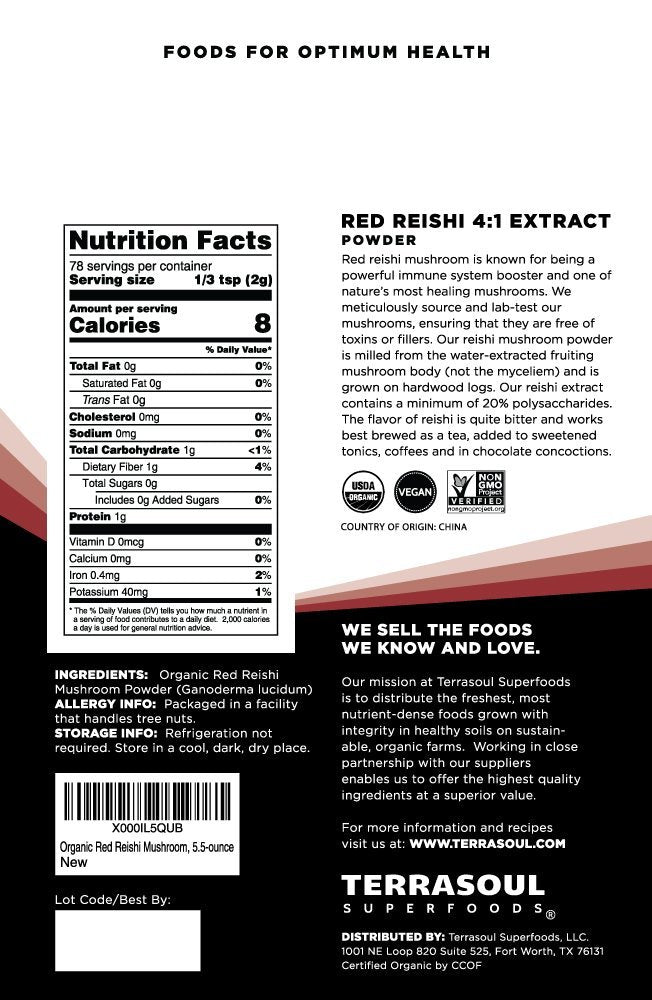 Terrasoul Superfoods Bio Reishi Pilz Pulver (4:1 Extrakt), 5,5 Unzen – Immununterstützung, Stressabbau, Besserer Schlaf