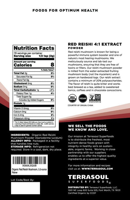 Terrasoul Superfoods Bio Reishi Pilz Pulver (4:1 Extrakt), 5,5 Unzen – Immununterstützung, Stressabbau, Besserer Schlaf