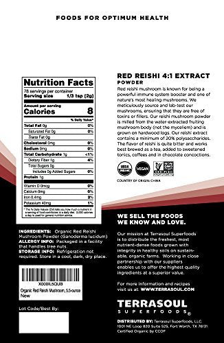 Terrasoul Superfoods Bio Reishi Pilz Pulver (4:1 Extrakt), 5,5 Unzen – Immununterstützung, Stressabbau, Besserer Schlaf