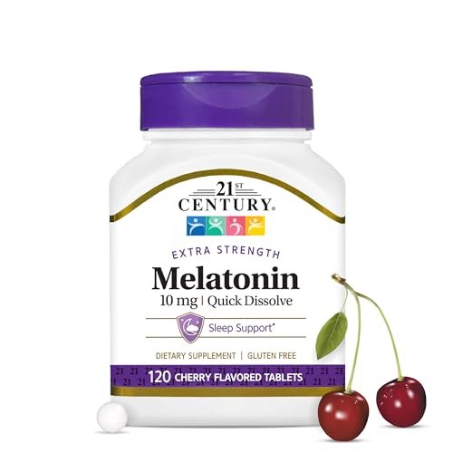 21st Century Melatonin 10 mg Extra Strength – 120 Lutschtabletten – Schnell lösliches Schlafmittel für Erwachsene – Fördert Entspannung und erholsamen Schlaf – Nicht gewöhnungsbedürftig – Glutenfrei – Kirschgeschmack