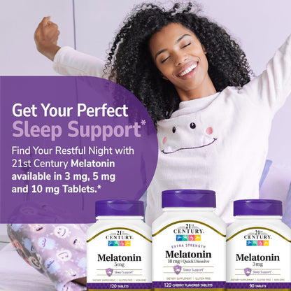 21st Century Melatonin 10 mg Extra Strength – 120 Lutschtabletten – Schnell lösliches Schlafmittel für Erwachsene – Fördert Entspannung und erholsamen Schlaf – Nicht gewöhnungsbedürftig – Glutenfrei – Kirschgeschmack