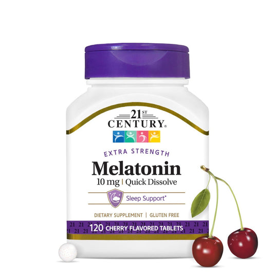 21st Century Melatonin 10 mg Extra Strength – 120 Lutschtabletten – Schnell lösliches Schlafmittel für Erwachsene – Fördert Entspannung und erholsamen Schlaf – Nicht gewöhnungsbedürftig – Glutenfrei – Kirschgeschmack