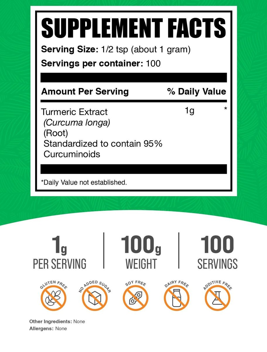 BulkSupplements.com Kurkuma-Extrakt-Pulver – aus Kurkumawurzel, Curcumin-Ergänzung, glutenfrei, 1 g pro Portion, 100 g (3,5 oz)
