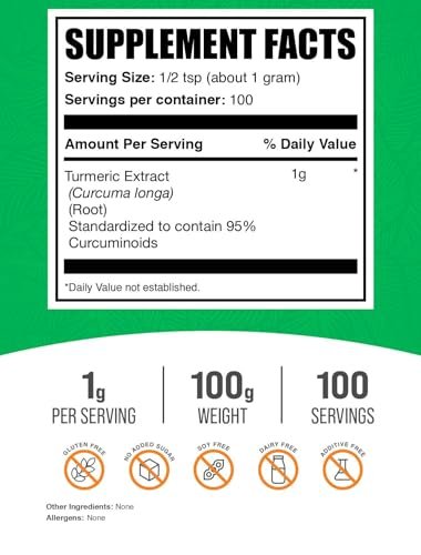BulkSupplements.com Kurkuma-Extrakt-Pulver – aus Kurkumawurzel, Curcumin-Ergänzung, glutenfrei, 1 g pro Portion, 100 g (3,5 oz)