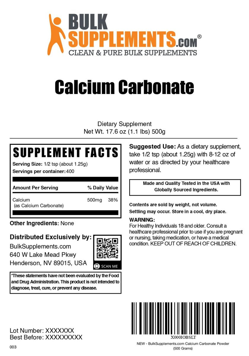 Calcium Carbonat Pulver – Hochabsorbierendes, glutenfreies Calciumpräparat, 1,25 g pro Portion, 500 g (1,1 lb)