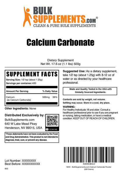Calcium Carbonat Pulver – Hochabsorbierendes, glutenfreies Calciumpräparat, 1,25 g pro Portion, 500 g (1,1 lb)