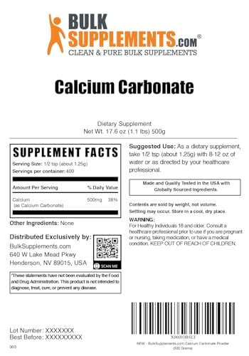 Calcium Carbonat Pulver – Hochabsorbierendes, glutenfreies Calciumpräparat, 1,25 g pro Portion, 500 g (1,1 lb)