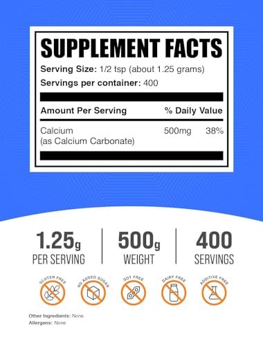 Calcium Carbonat Pulver – Hochabsorbierendes, glutenfreies Calciumpräparat, 1,25 g pro Portion, 500 g (1,1 lb)