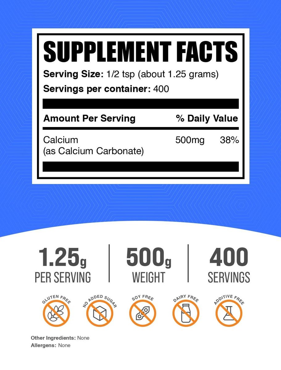 Calcium Carbonat Pulver – Hochabsorbierendes, glutenfreies Calciumpräparat, 1,25 g pro Portion, 500 g (1,1 lb)