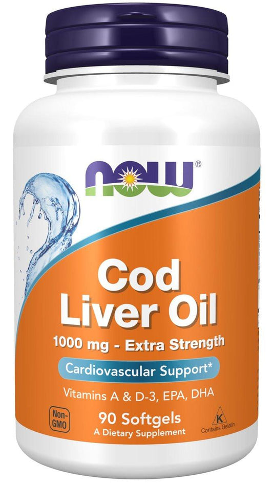 NOW Foods Lebertran, Extra Stärke 1.000 mg mit Vitamin A & D-3, EPA, DHA, 90 Weichkapseln