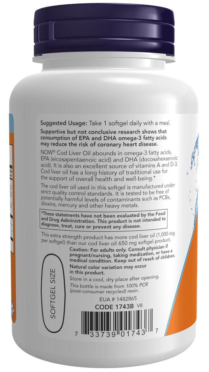 NOW Foods Lebertran, Extra Stärke 1.000 mg mit Vitamin A & D-3, EPA, DHA, 90 Weichkapseln