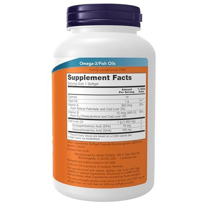 NOW Foods Lebertran, Extra Stark 1.000 mg mit Vitamin A & D-3, EPA, DHA, 180 Weichkapseln