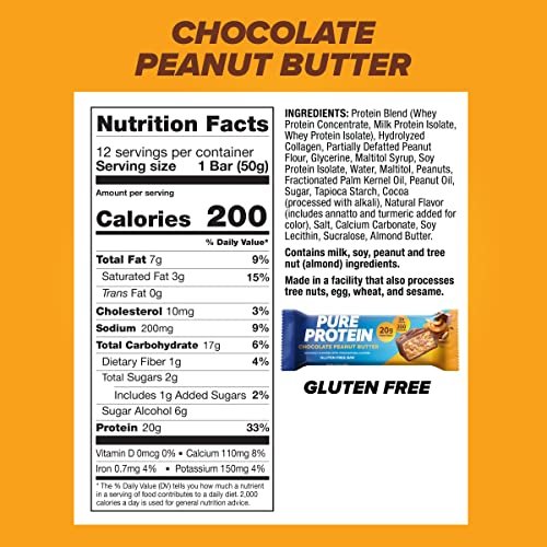 Pure Protein Schokoladen-Erdnussbutter Proteinriegel – 20 g Protein, 3 g Zucker, 190 Kalorien (12er-Pack) – Zuckerarmer, glutenfreier Proteinsnack