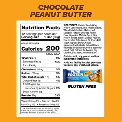 Pure Protein Schokoladen-Erdnussbutter Proteinriegel – 20 g Protein, 3 g Zucker, 190 Kalorien (12er-Pack) – Zuckerarmer, glutenfreier Proteinsnack