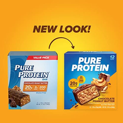 Pure Protein Schokoladen-Erdnussbutter Proteinriegel – 20 g Protein, 3 g Zucker, 190 Kalorien (12er-Pack) – Zuckerarmer, glutenfreier Proteinsnack