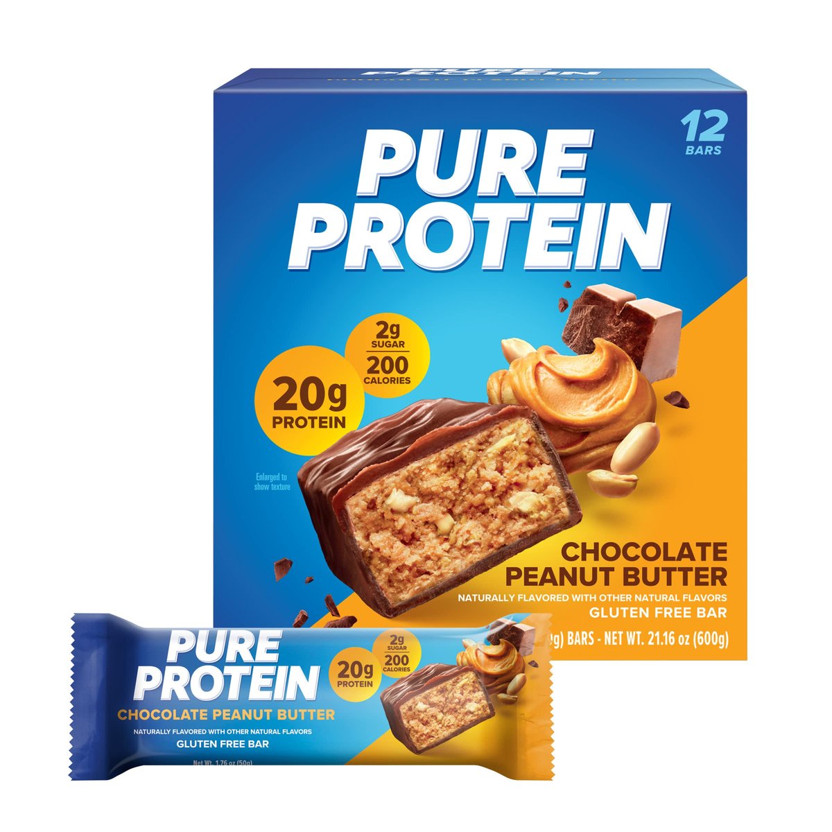 Pure Protein Schokoladen-Erdnussbutter Proteinriegel – 20 g Protein, 3 g Zucker, 190 Kalorien (12er-Pack) – Zuckerarmer, glutenfreier Proteinsnack