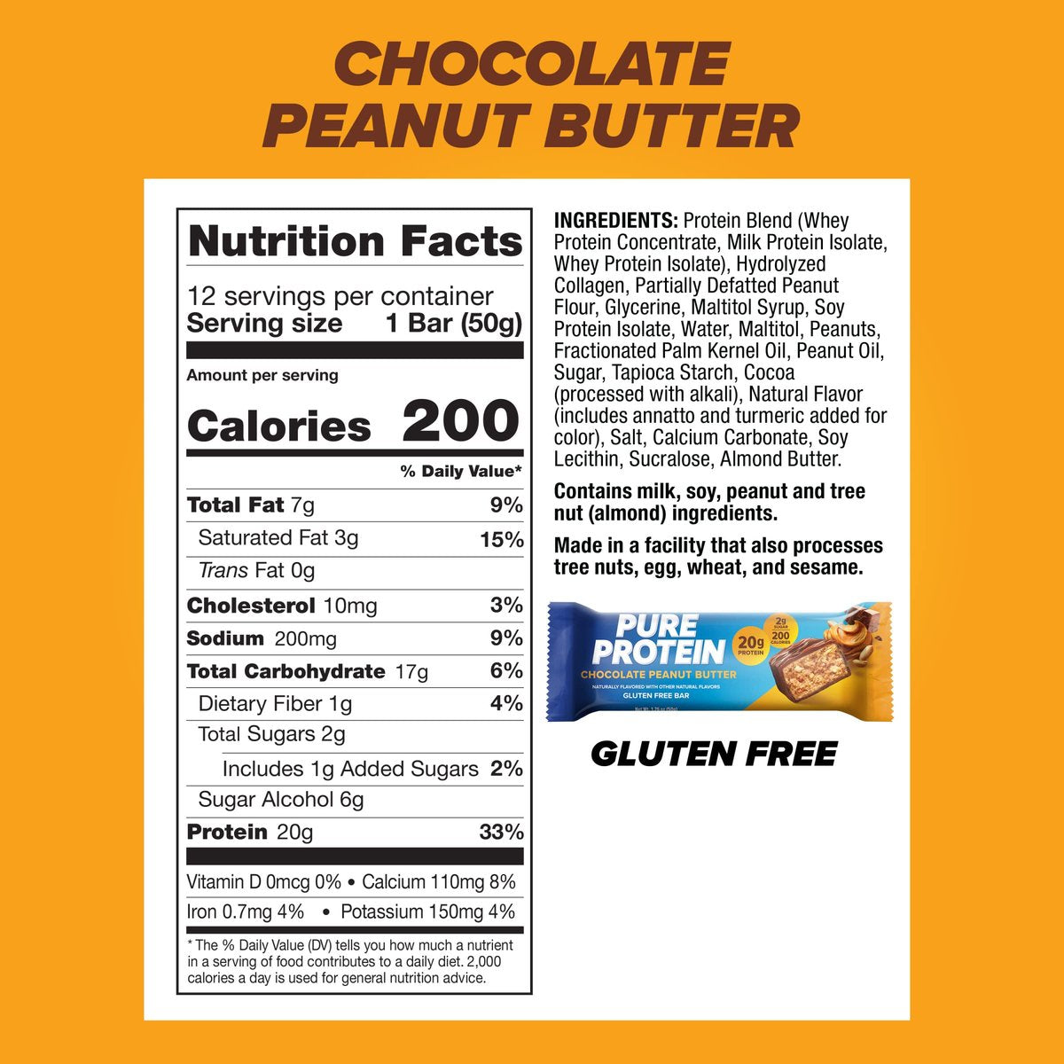 Pure Protein Schokoladen-Erdnussbutter Proteinriegel – 20 g Protein, 3 g Zucker, 190 Kalorien (12er-Pack) – Zuckerarmer, glutenfreier Proteinsnack