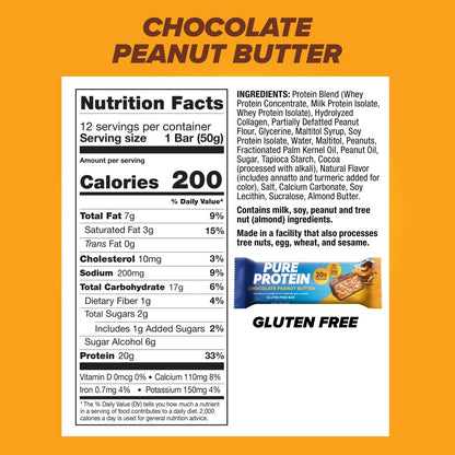 Pure Protein Schokoladen-Erdnussbutter Proteinriegel – 20 g Protein, 3 g Zucker, 190 Kalorien (12er-Pack) – Zuckerarmer, glutenfreier Proteinsnack