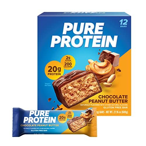 Pure Protein Schokoladen-Erdnussbutter Proteinriegel – 20 g Protein, 3 g Zucker, 190 Kalorien (12er-Pack) – Zuckerarmer, glutenfreier Proteinsnack