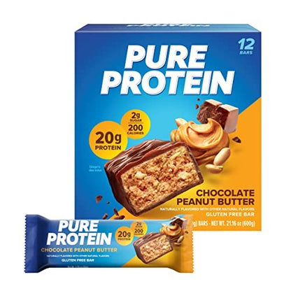 Pure Protein Schokoladen-Erdnussbutter Proteinriegel – 20 g Protein, 3 g Zucker, 190 Kalorien (12er-Pack) – Zuckerarmer, glutenfreier Proteinsnack