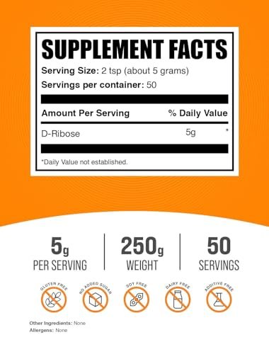 BulkSupplements.com D-Ribose Pulver - D-Ribose Nahrungsergänzung für Energieunterstützung - Ungesüßt & Glutenfrei, 5 g pro Portion, 250 g (8,8 Unzen) (1er-Pack)