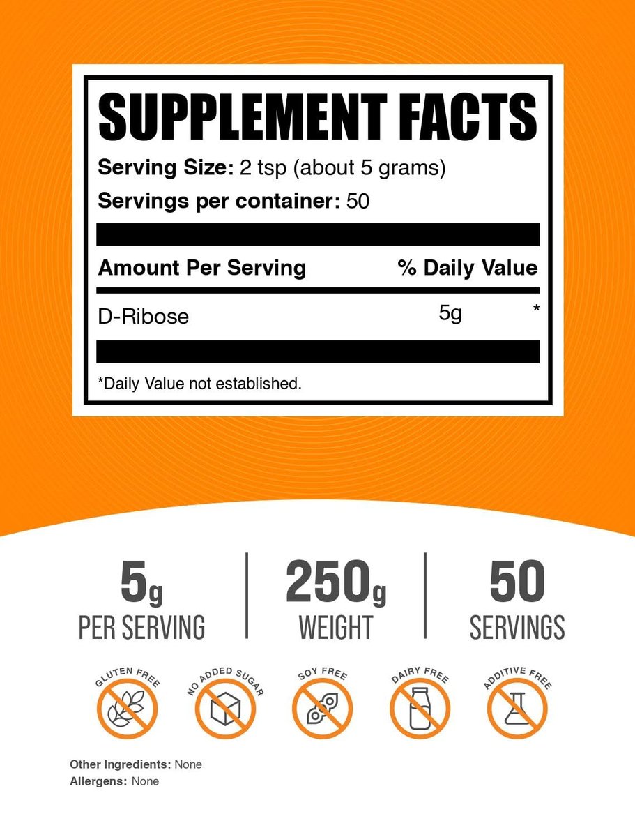 BulkSupplements.com D-Ribose Pulver - D-Ribose Nahrungsergänzung für Energieunterstützung - Ungesüßt & Glutenfrei, 5 g pro Portion, 250 g (8,8 Unzen) (1er-Pack)