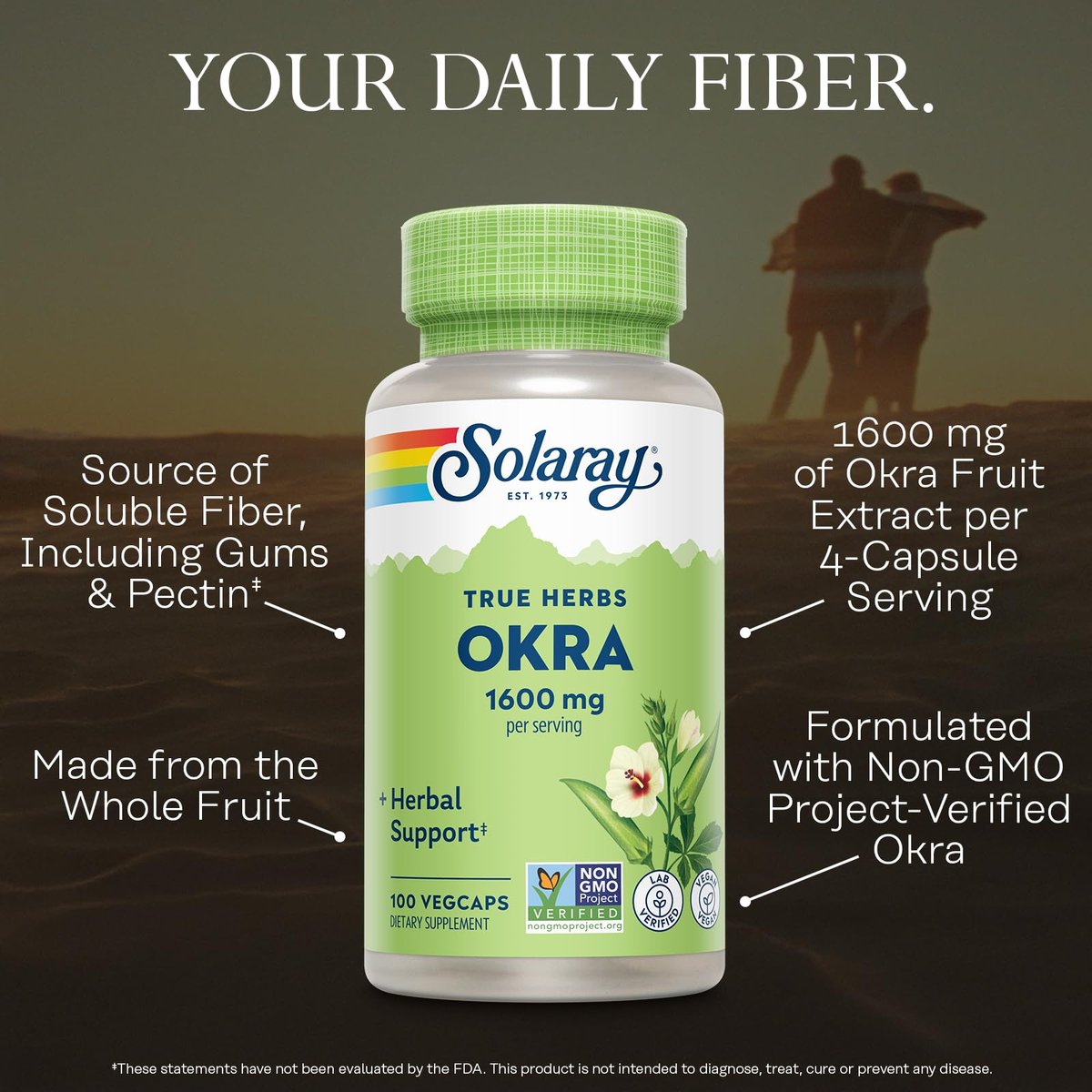 SOLARAY Okra Frucht 1600 mg – Ballaststoffreiche Nahrungsergänzung für tägliches Wohlbefinden – Vegan, 100 Kapseln