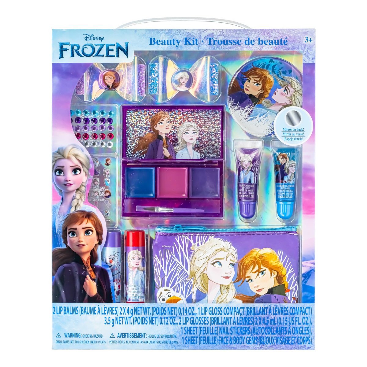 Disney Frozen Super Sparkly Kosmetik-Set für Mädchen – 29-teiliges Make-up-Set mit Haarspangen, Lipgloss, Nagelstickern, Lippenbalsam, Nagelsteinen und Spiegel – perfekt für Partys und Übernachtungen