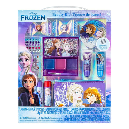 Disney Frozen Super Sparkly Kosmetik-Set für Mädchen – 29-teiliges Make-up-Set mit Haarspangen, Lipgloss, Nagelstickern, Lippenbalsam, Nagelsteinen und Spiegel – perfekt für Partys und Übernachtungen