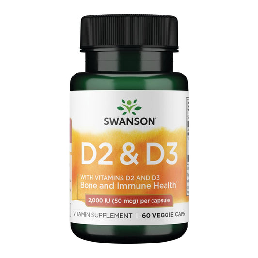 Swanson D2 & D3-2.000 IE – Nahrungsergänzungsmittel für Zahn- und Knochengesundheit, Immununterstützung, fördert Kalziumaufnahme, Nicht-GVO, 60 vegane Kapseln