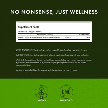 Swanson D2 & D3-2.000 IE – Nahrungsergänzungsmittel für Zahn- und Knochengesundheit, Immununterstützung, fördert Kalziumaufnahme, Nicht-GVO, 60 vegane Kapseln