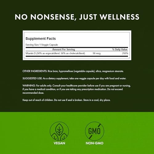 Swanson D2 & D3-2.000 IE – Nahrungsergänzungsmittel für Zahn- und Knochengesundheit, Immununterstützung, fördert Kalziumaufnahme, Nicht-GVO, 60 vegane Kapseln