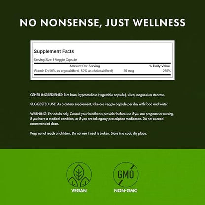 Swanson D2 & D3-2.000 IE – Nahrungsergänzungsmittel für Zahn- und Knochengesundheit, Immununterstützung, fördert Kalziumaufnahme, Nicht-GVO, 60 vegane Kapseln