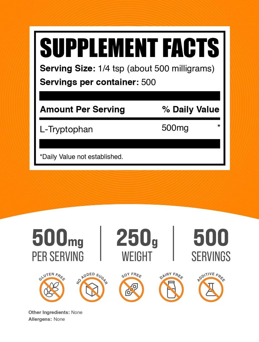 BulkSupplements L-Tryptophan Pulver - 250 g (8,8 oz) - 500 mg pro Portion - Glutenfrei - Aminosäure Nahrungsergänzungsmittel