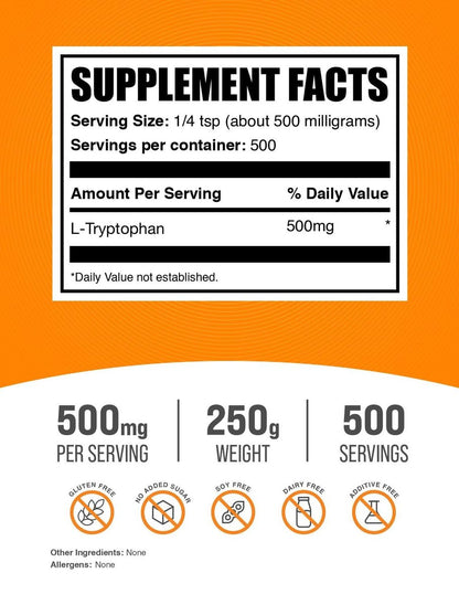 BulkSupplements L-Tryptophan Pulver - 250 g (8,8 oz) - 500 mg pro Portion - Glutenfrei - Aminosäure Nahrungsergänzungsmittel