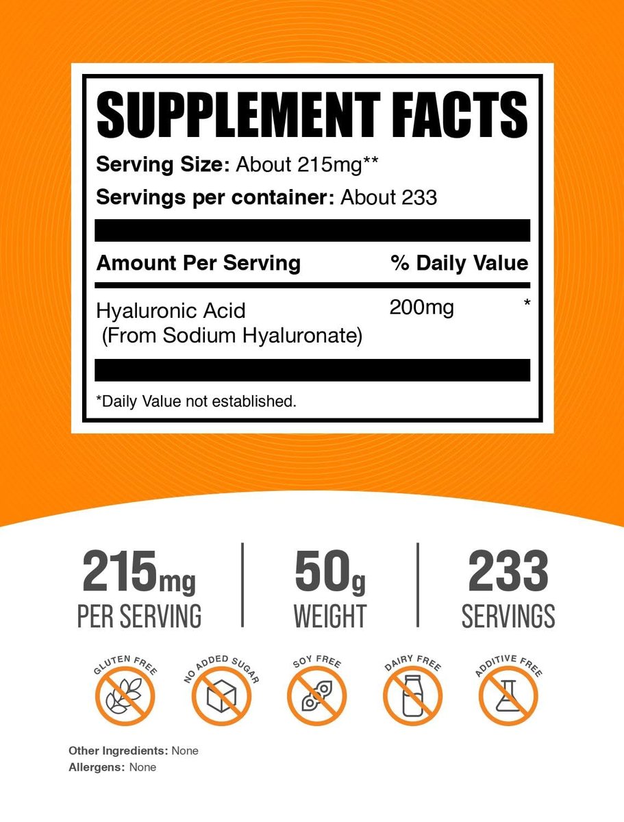 BulkSupplements.com Hyaluronsäure Pulver - als Natriumhyaluronat, Hyaluronsäure Nahrungsergänzung - Lebensmittelqualität, Glutenfrei - 215mg pro Portion, 50g (1,8 Unzen) (Packung mit 1)