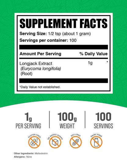 BulkSupplements.com Longjack Extrakt Pulver - Tongkat Ali Extrakt für Männer & Frauen - Glutenfrei, 1g pro Portion, 100g (3,5 Unzen) (1er Pack)
