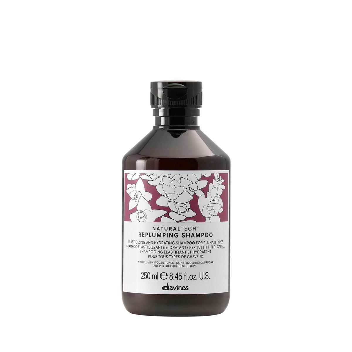 Davines Naturaltech Replumping Shampoo, feuchtigkeitsspendend für feines Haar mit fehlender Elastizität – mit Pflaumen-Phytoceuticals, sanfte Reinigung, 250 ml