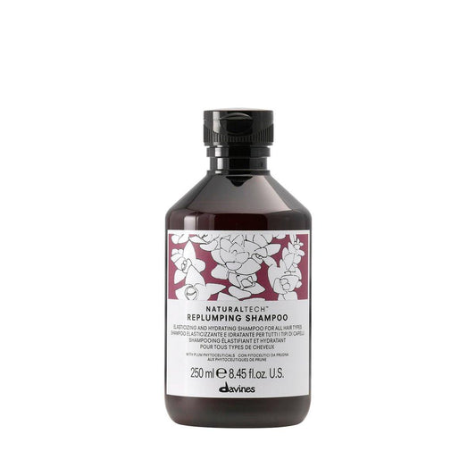 Davines Naturaltech Replumping Shampoo, feuchtigkeitsspendend für feines Haar mit fehlender Elastizität – mit Pflaumen-Phytoceuticals, sanfte Reinigung, 250 ml