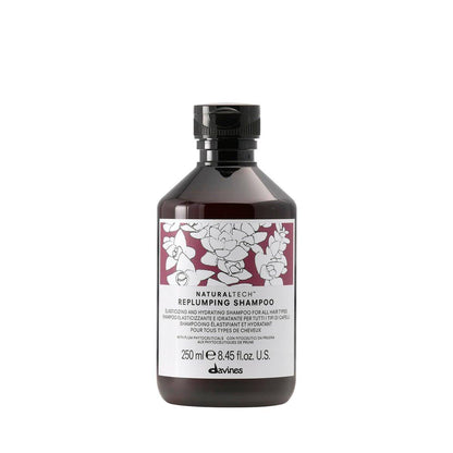 Davines Naturaltech Replumping Shampoo, feuchtigkeitsspendend für feines Haar mit fehlender Elastizität – mit Pflaumen-Phytoceuticals, sanfte Reinigung, 250 ml