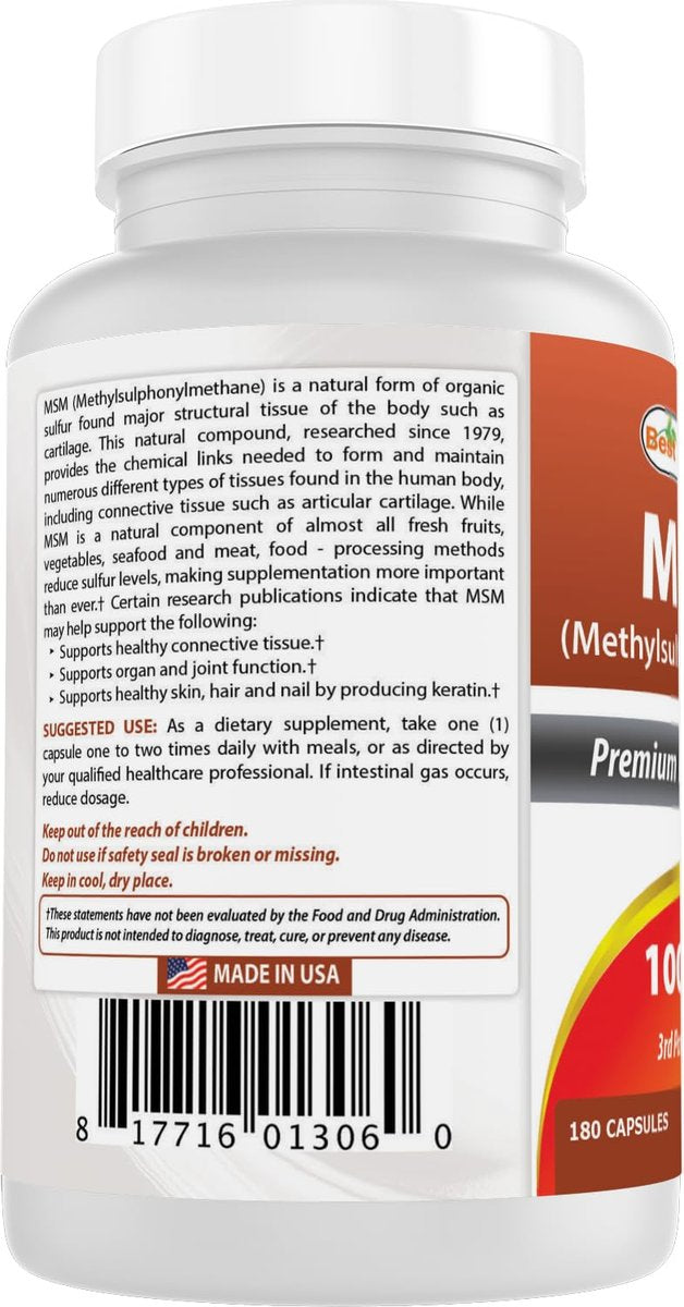 Best Naturals MSM 1000 mg – 180 Kapseln, hochreines Nahrungsergänzungsmittel