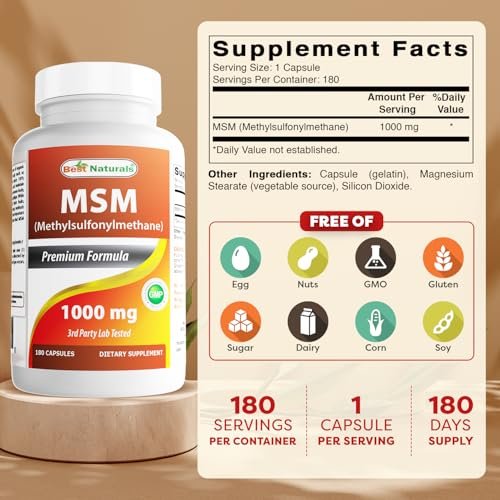 Best Naturals MSM 1000 mg – 180 Kapseln, hochreines Nahrungsergänzungsmittel