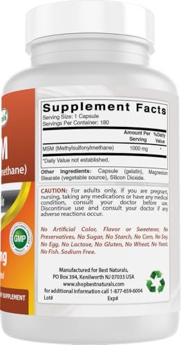 Best Naturals MSM 1000 mg – 180 Kapseln, hochreines Nahrungsergänzungsmittel