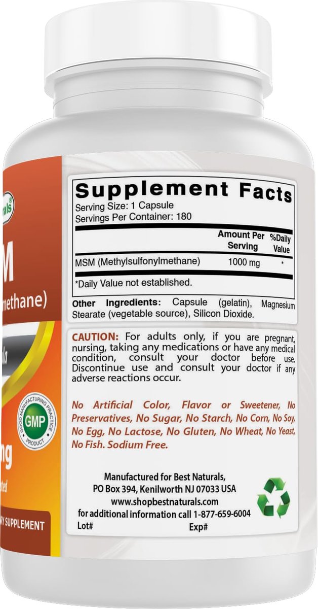 Best Naturals MSM 1000 mg – 180 Kapseln, hochreines Nahrungsergänzungsmittel