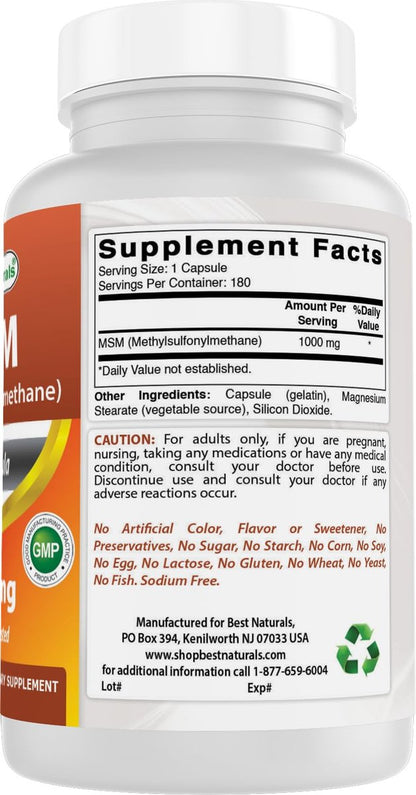 Best Naturals MSM 1000 mg – 180 Kapseln, hochreines Nahrungsergänzungsmittel